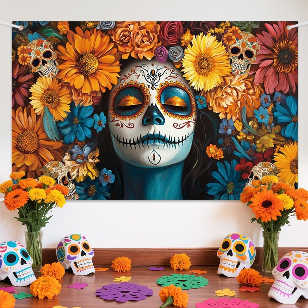 Day of The Dead Ofrenda Altar Marigold Flowers Photography Background(72"L x 48"W)